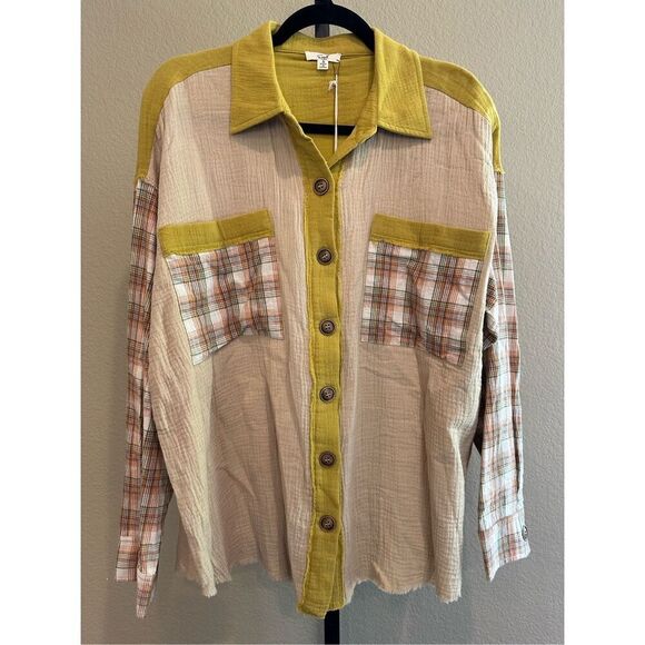 Size S Easel Beige Gauze Plaid Mix Button Up Top - Picture 2 of 10